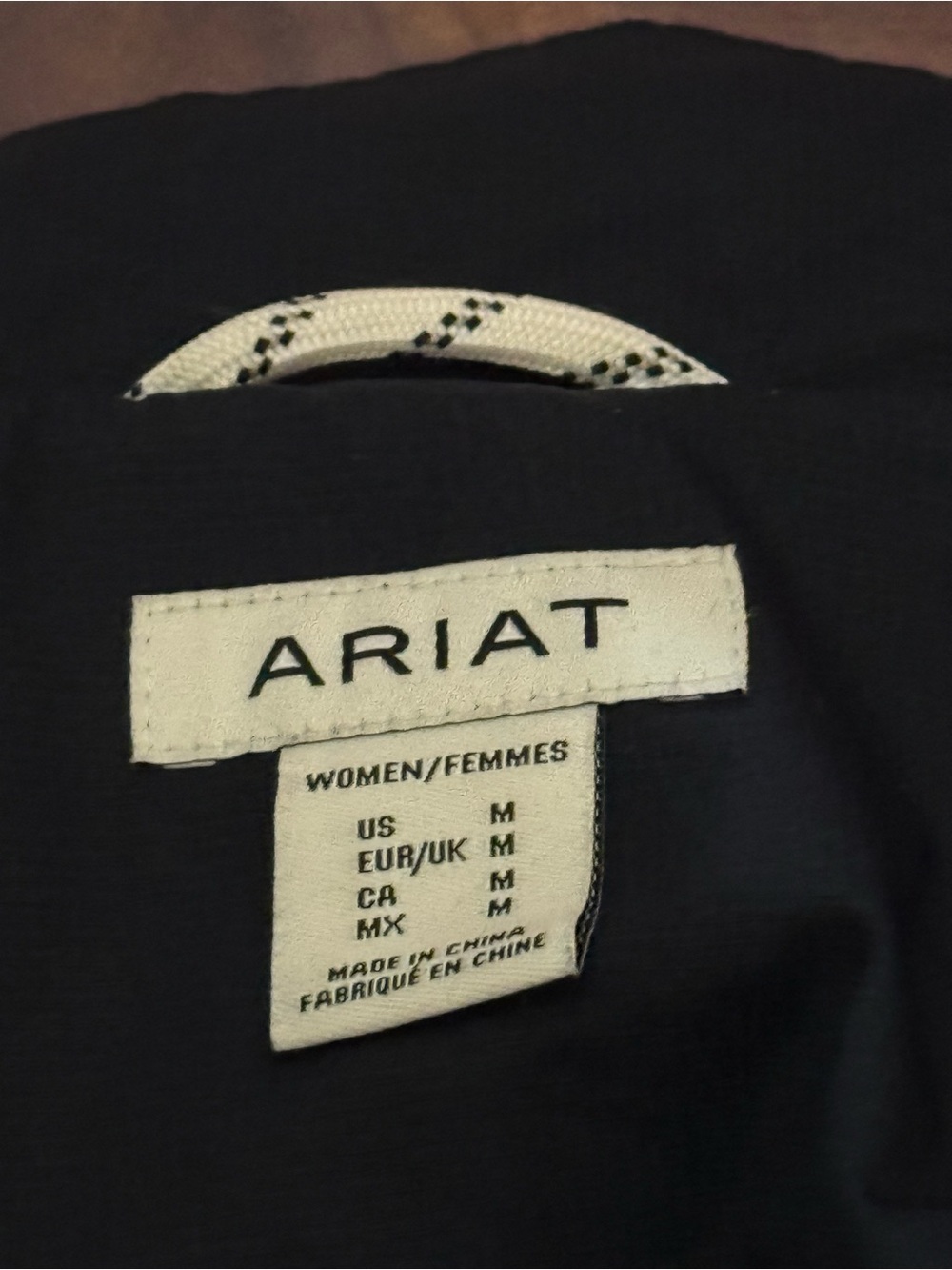 Label inside women's Ariat jacket